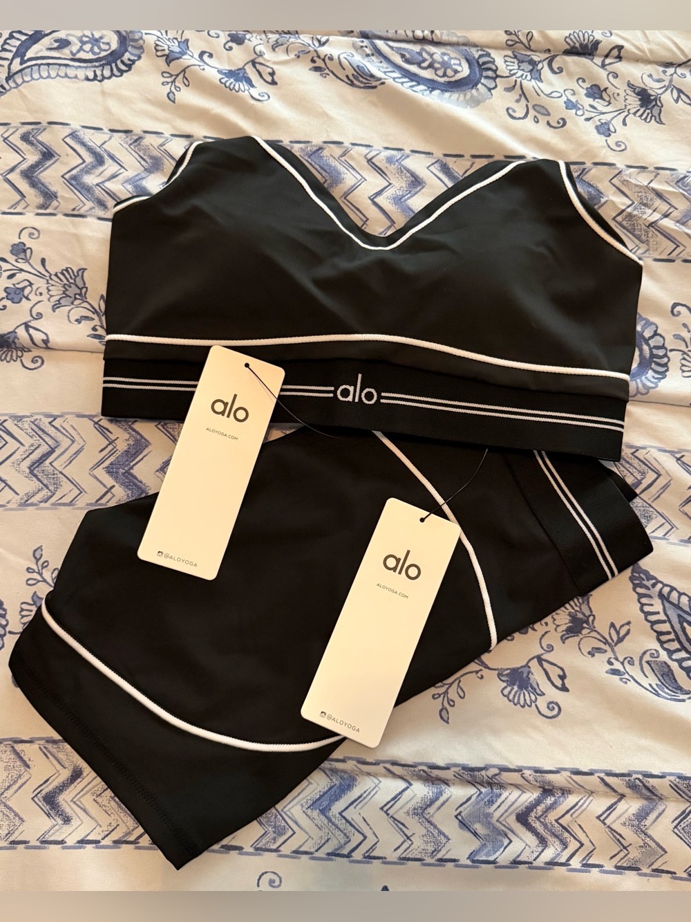 Alo Black & White Piped Sports Bra and Biker Short Set